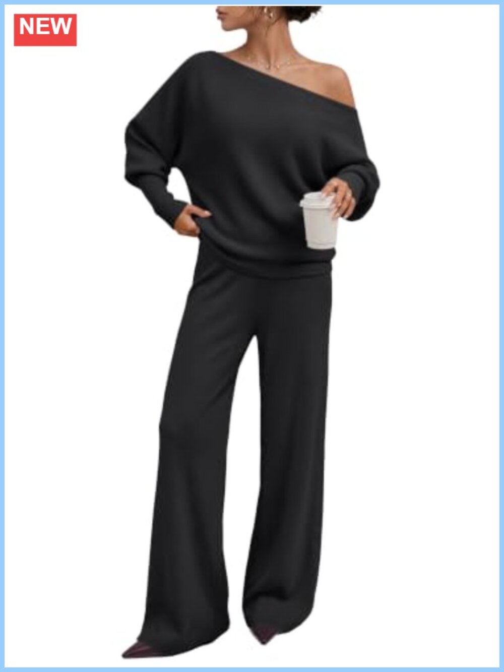 Off-Shoulder Asymmetrical Sweater & Wide Leg Pants Lounge Set